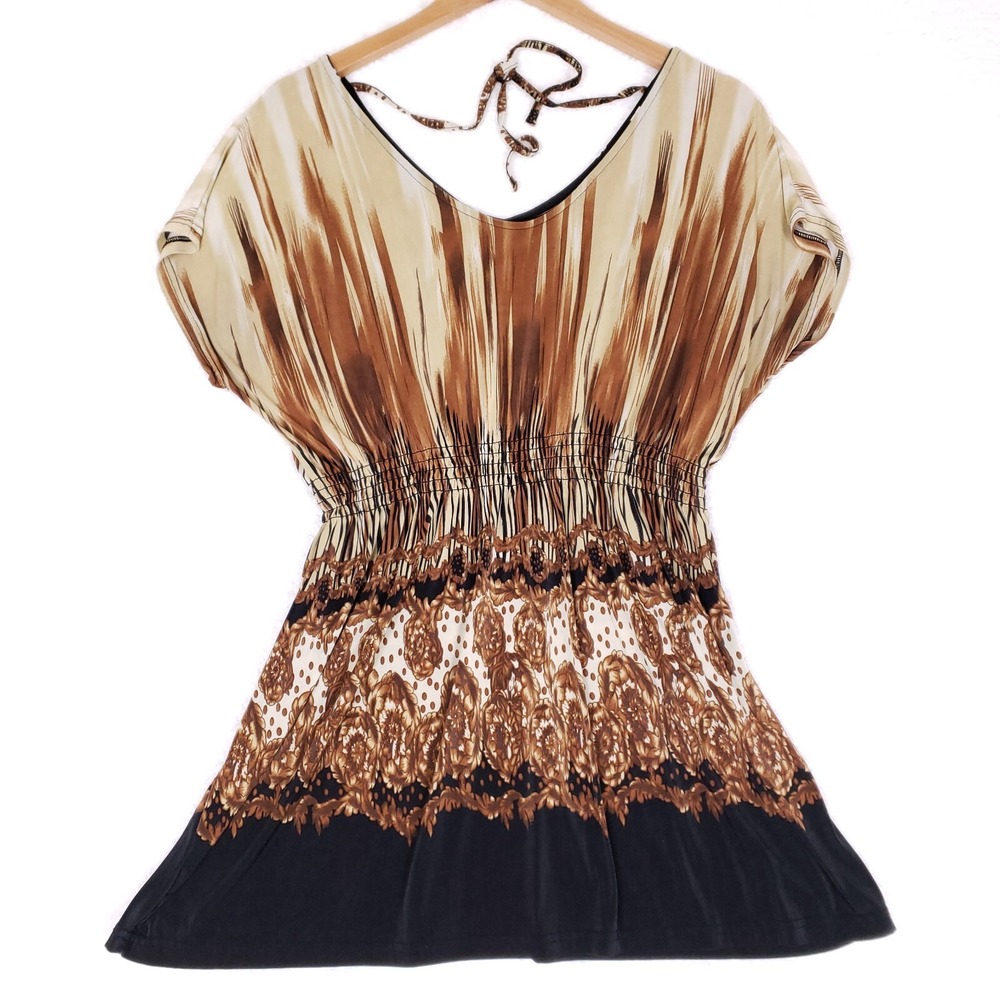 Win Win Blouse Boho Peasant‎ Tunic S/M Brown Smocked Waist Tie Back Cottagecore